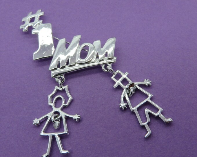 AJC #1 Mom Brooch, Vintage Silver Tone Pin, Dangling Kids Pin