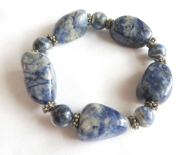 Vintage Marbled Blue Stone Bracelet, Chunky Stretch Bead Bracelet