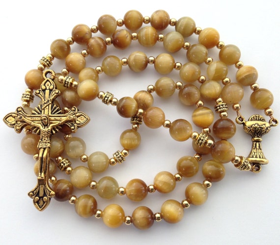 Golden Tiger Eye Rosary First Communion Vintage by GloriaRosaries