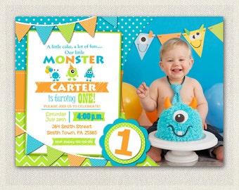 First Birthday Invitation Boys monster 1st Birthday Boys Monster Invite Orange Green Blue Printable Invitation Monster Party #i-124
