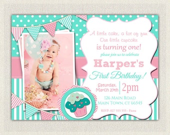 Girls 1st Birthday Invitation / First Birthday Cupcake Invitation / Printable Download / Pink Aqua Cupcake Invite / Digital Stripes (46)
