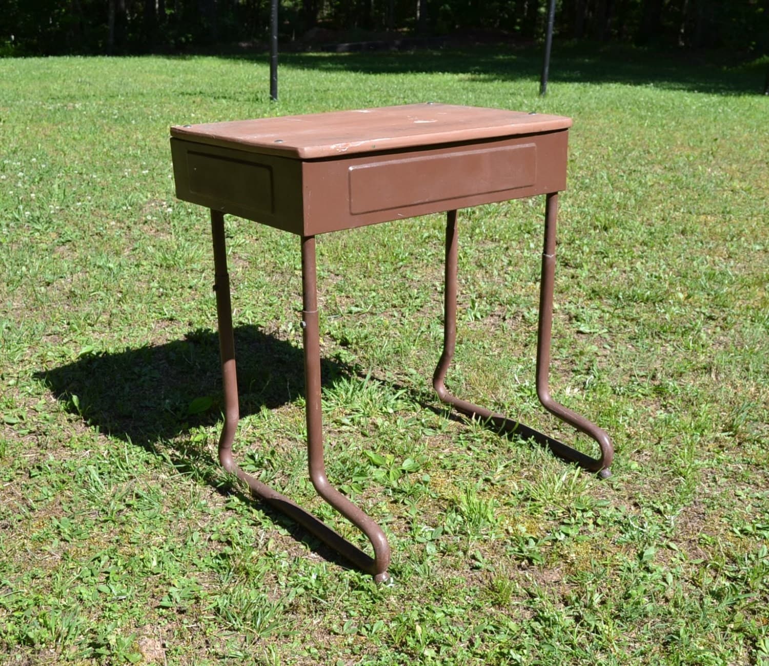 Vintage Metal School Desk Adjustable Height Brown PanchosPorch