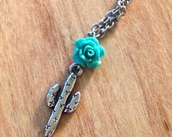 Cactus Necklace Cactus with Turquoise Rose Necklace Turquoise Western Necklace Country Cowgirl Necklace Southwest Rose Cactus Flower