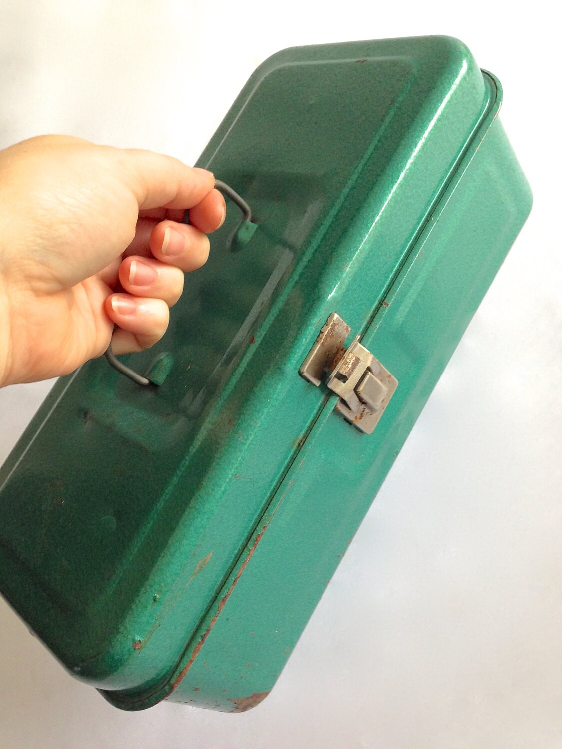 Small Rustic Teal Green Metal Tool Box with Latching Lid and