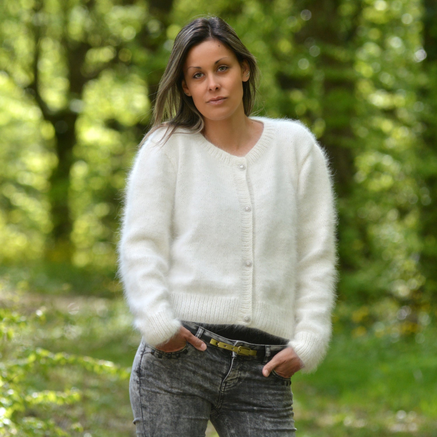 Hand Knit 100 ANGORA  Rabbit Cardigan  White by EXTRAVAGANTZA