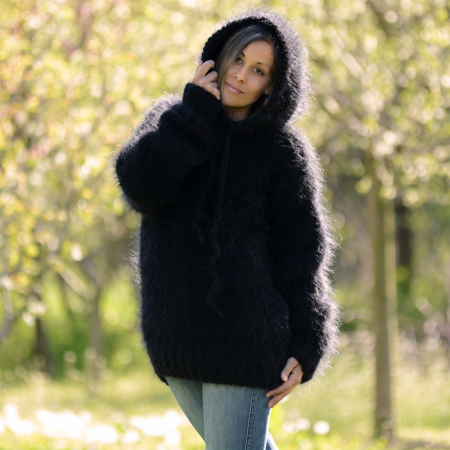 Hand Knit Mohair Sweater Black Fuzzy Hooded by EXTRAVAGANTZA