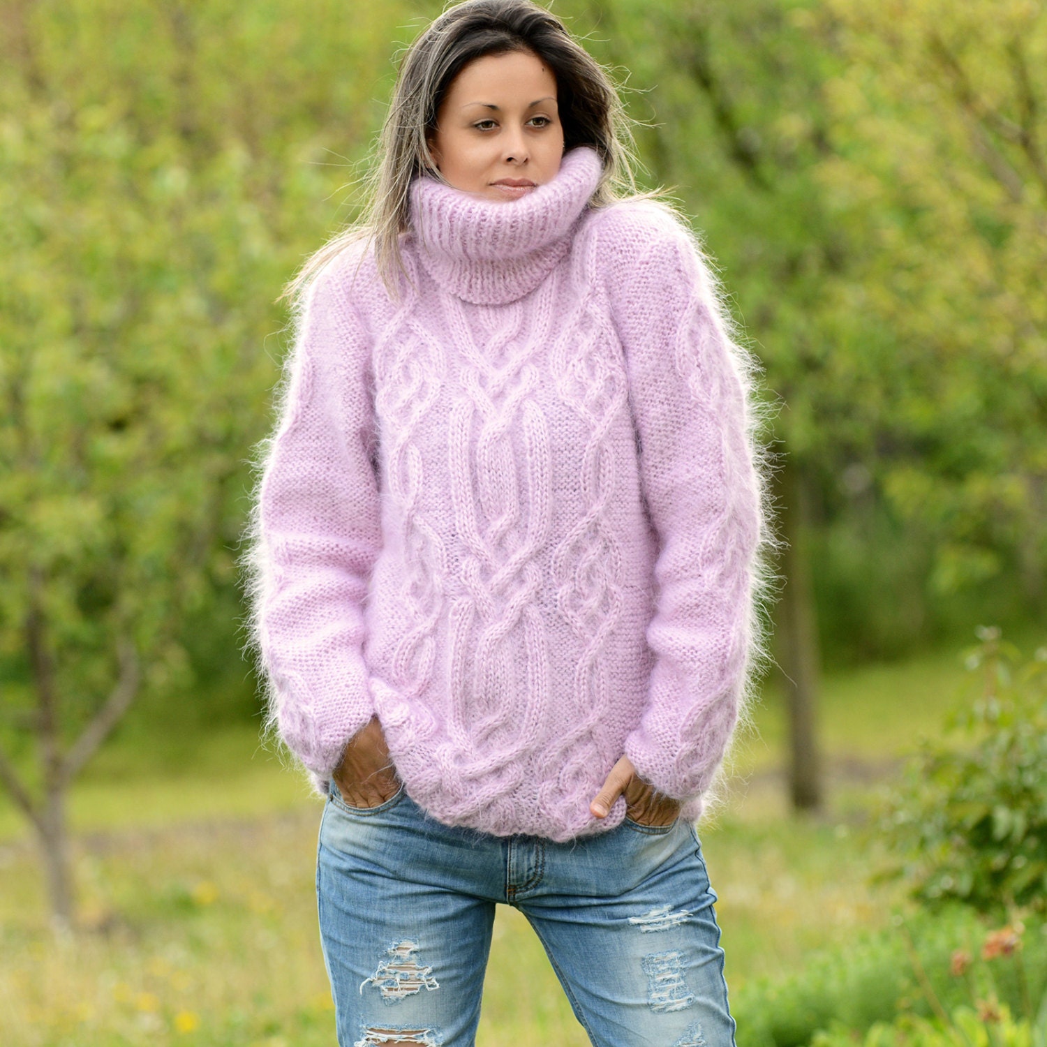 Hand Knit Mohair Sweater Cable Pink Fuzzy Turtleneck Jumper