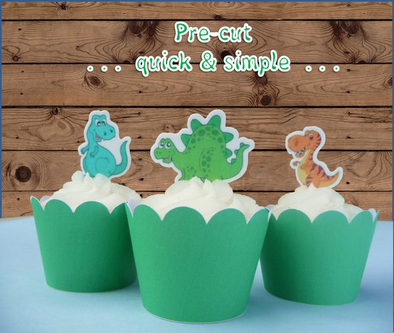 12x baby dinosaurs EDIBLE cupcake cake toppers PRE-CUT stand up baby shower, 1st birthday