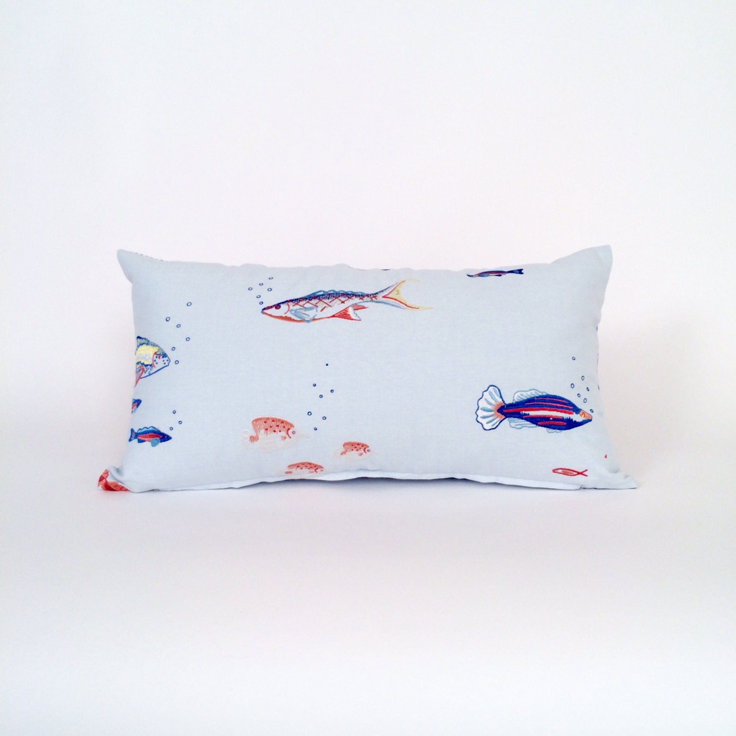 Blue Fish Embroidered Throw Pillow Family Room or by Fabrinique
