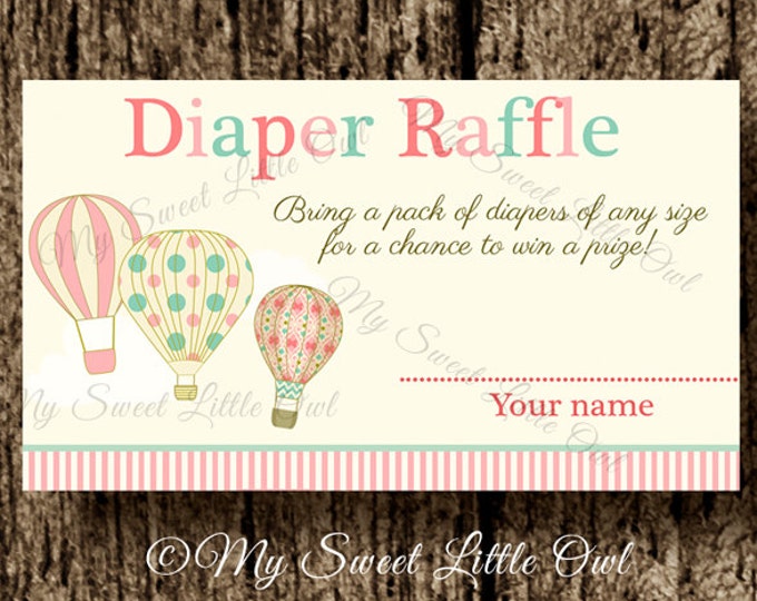 Hot air balloon diaper raffle - Hot air balloon baby shower - balloon diaper ticket - pink diaper raffle card - hot air balloon party