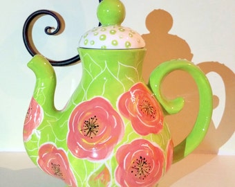 Handpainted ' peony rose' , ceramic teapot,
