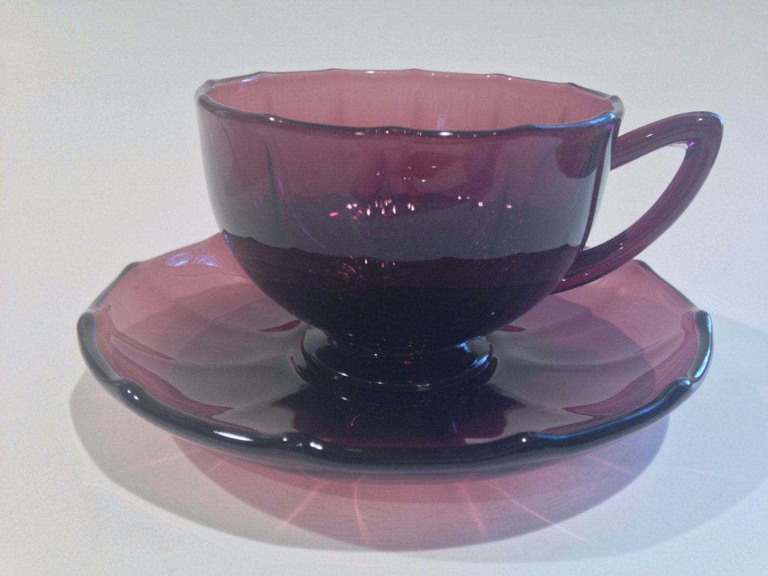 Amethyst Tea Cup and Saucer Depression Glass Tea Cups