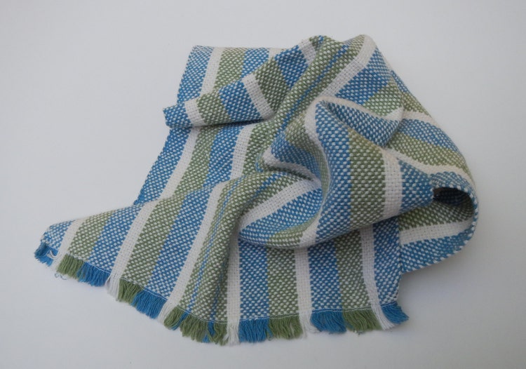 Handwoven striped towel blue green and white by WarpedWeavings