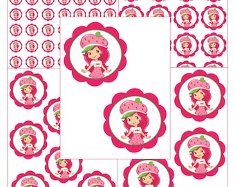 INSTANT DOWNLOAD Strawberry Shortcake ( 5 sizes ) - for Balloon, Stickers, Lollipop, Favor bags, Cups - Printable file
