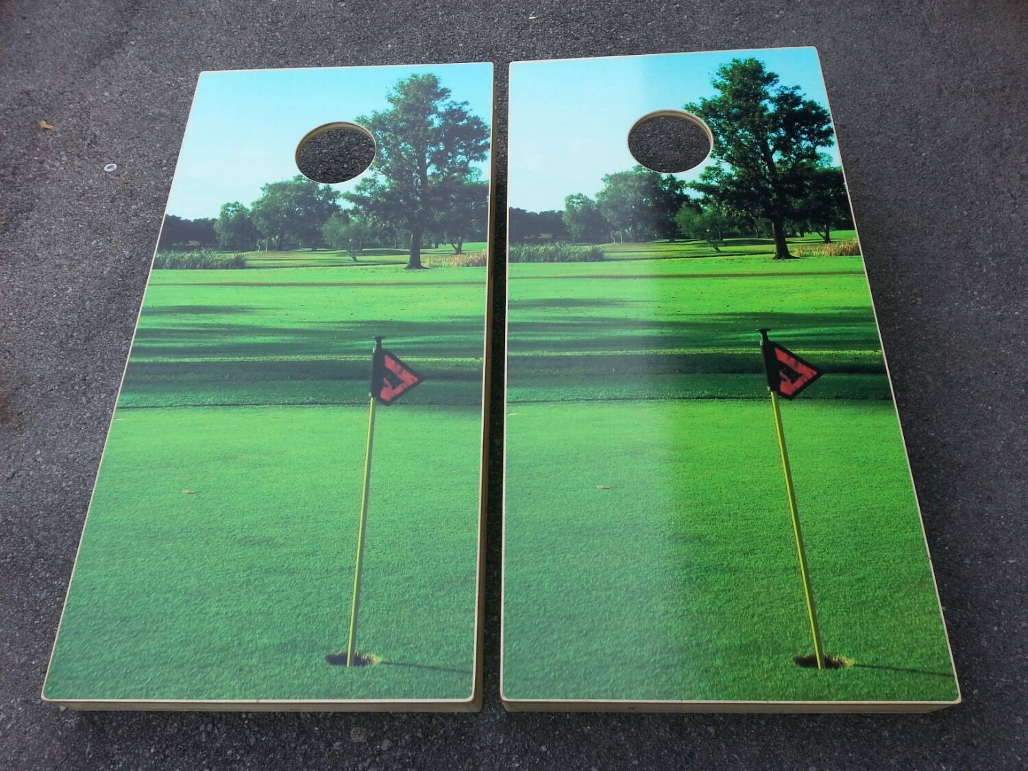 Golf hole in one cornhole boards with 4 red and 4 green