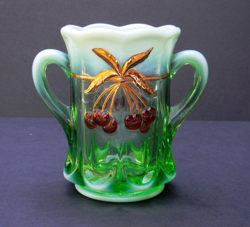 Vintage Mosser Glass Spooner Vase Green Opalescent Painted