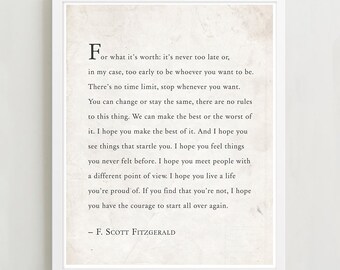F. Scott Fitzgerald Quote, For What It's Worth, Quote Print, Typography Print, I hope you live a life you're proud of