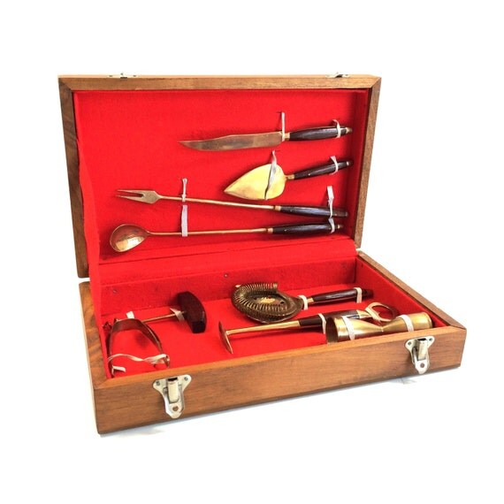 Vintage Brass Bar Tool Set in Wooden Case with by PrimaTreasures