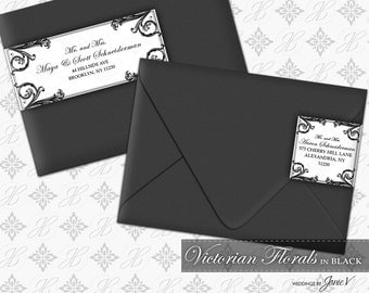 DIY Printable Wedding Wrap Around Address Label Template | Printable Address Label | Victorian Florals in Black