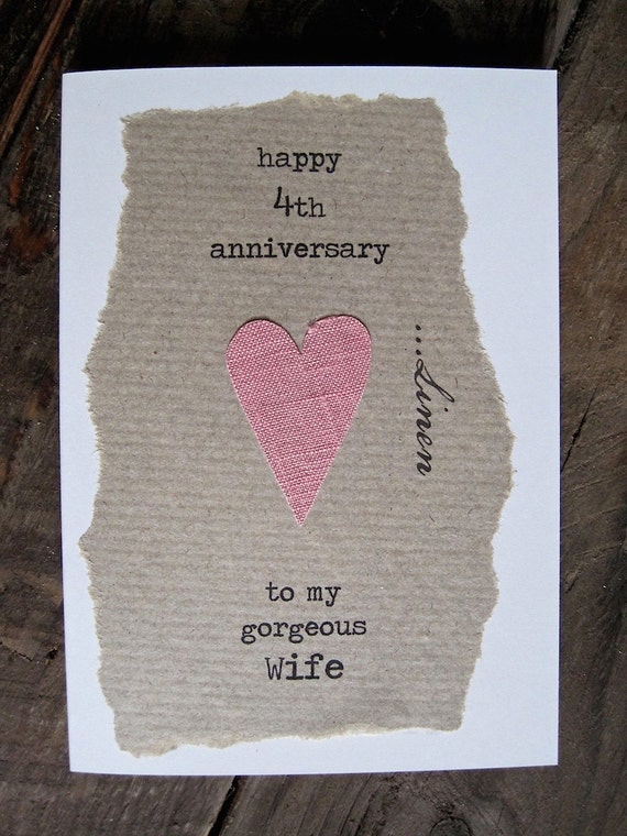  4th Wedding Anniversary Card LINEN  Traditional Gift Handmade