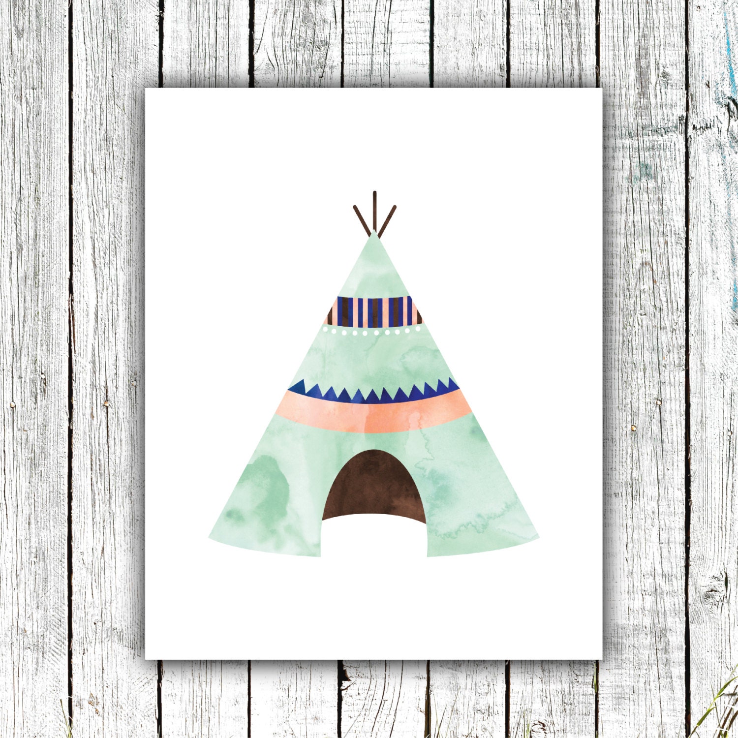 Nursery Art Printable Teepee Watercolor Mint Boho Tribal