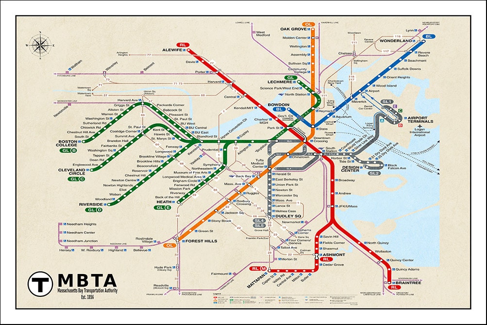 BOSTON Subway Map Poster. Tube Map Map Art Metro Map