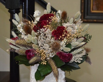 Dried Flower Arrangement Centerpiece with Burgundy Coxcomb and Mixed Neutral Grains and Flowers