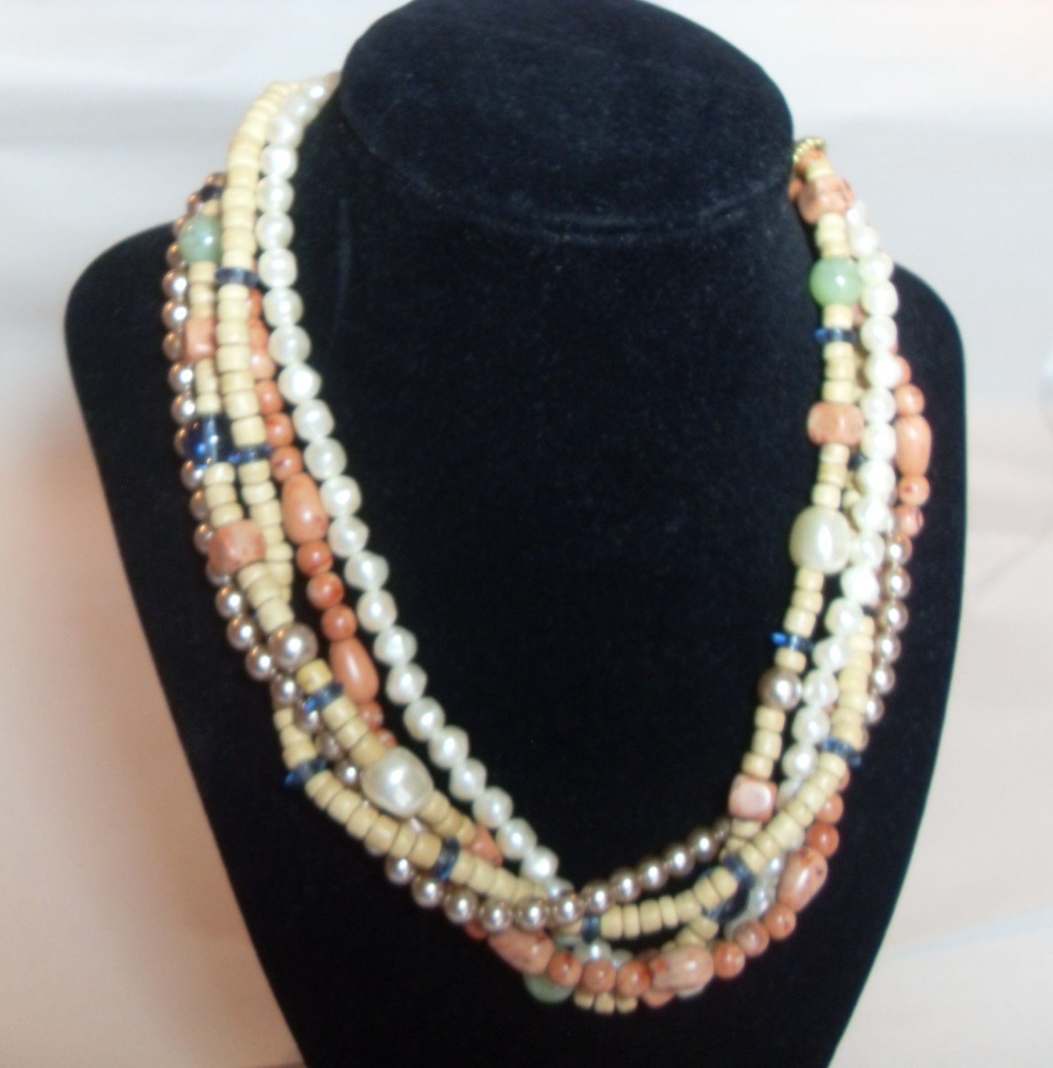 Liz Claiborne multi strand necklace faux pearl wood beads