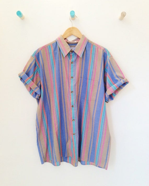 Beach Boy Shirt// Stripe Button Up// Short Sleeve Party Shirt