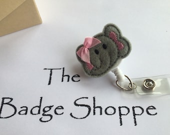 Elephant Face with Pink Bow on a Retractable ID Badge Holder. Elephant Badge Reel. Gifts for hospital staff. Pediatric Badge.