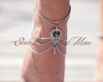 anklet foot jewelry antique silver chain turquoise beads boho bohemian hippie ethno body jewelry A07