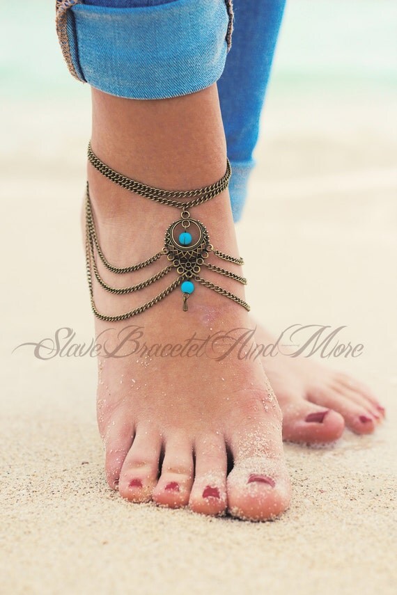 anklet foot jewelry bronze with two turquoise beads boho