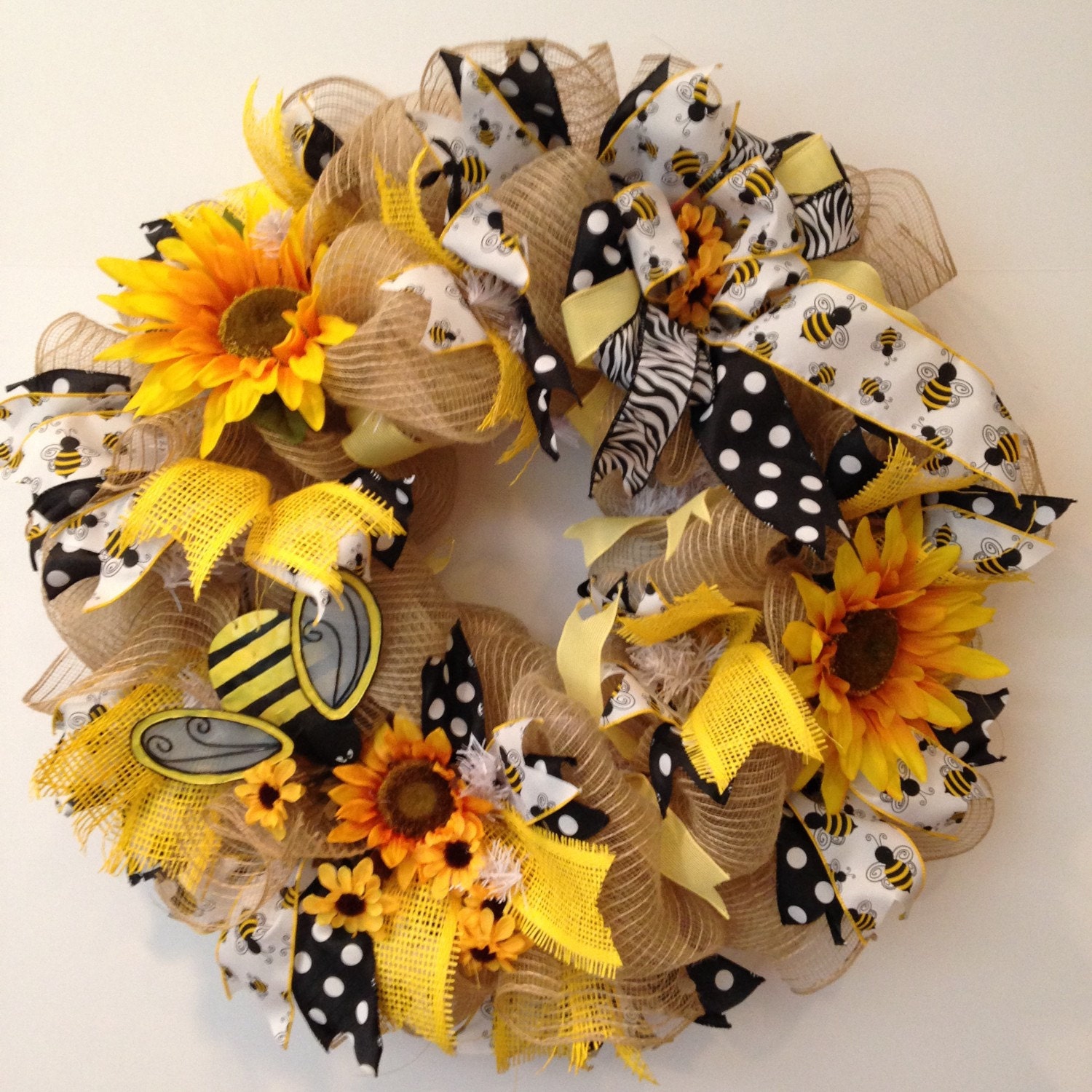 Burlap Wreath Sunflower Bumble Bee Front Door Decor for