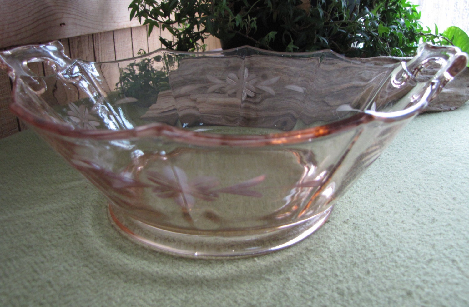 Etched Pink Depression Glass Bowl with Handles Vintage ...