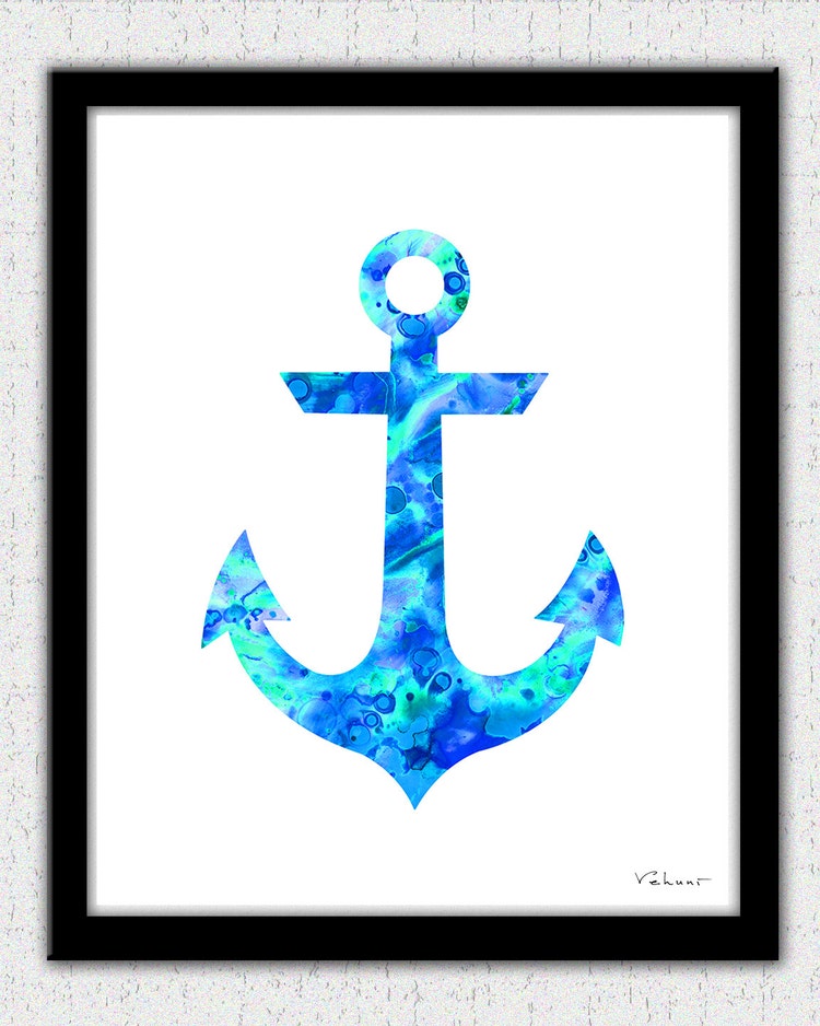 Aqua blue anchor print anchor waterclolor by FluidDiamondArt