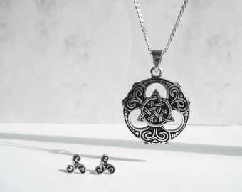 Celtic Jewelry Set, 925 Sterling Silver Set Necklace Earring, Tri Knot Celtic Jewelry, Oxidized Pendant Earrings, Unique Jewelry, Atigga