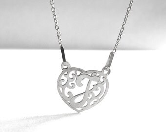 Dainty Heart Necklace, J Necklace Sterling Silver Heart Charm, J Letter Charm J, Sterling Silver Jewelry, Personalized Necklace, Atigga Shop