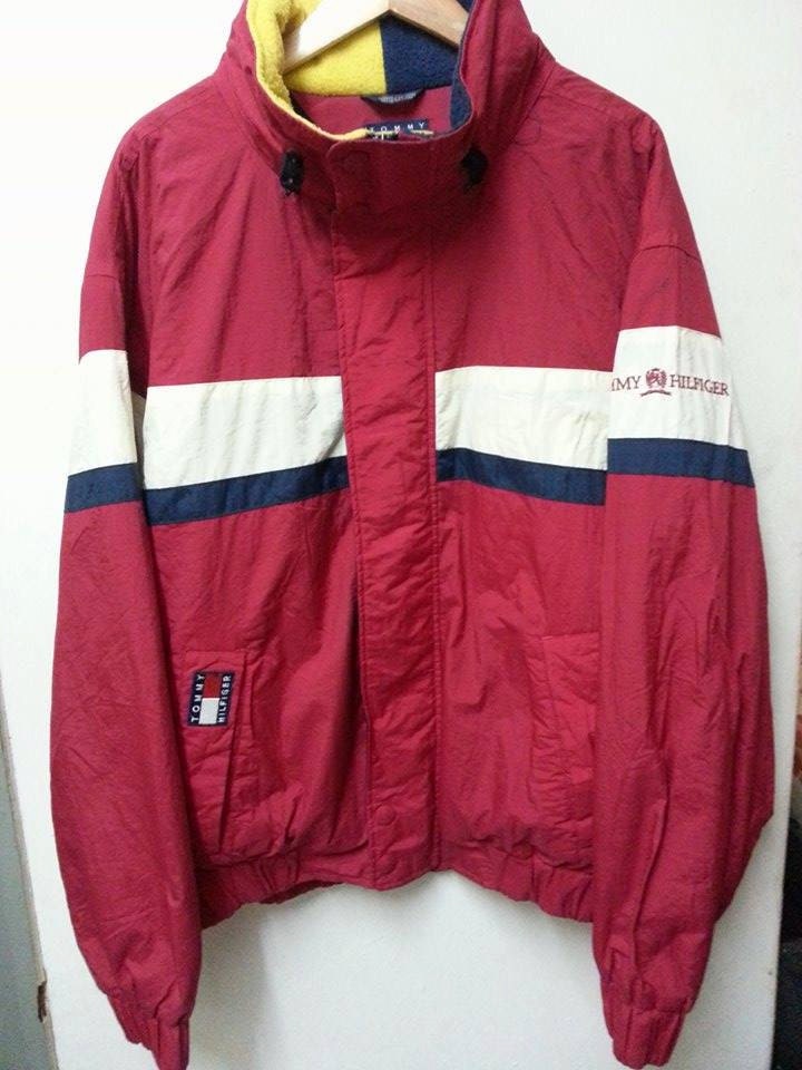 Sale Vintage 1990s Tommy Hilfiger Style Colour Block Winter Sweater Hip Hop Bomber Heavy Jacket 