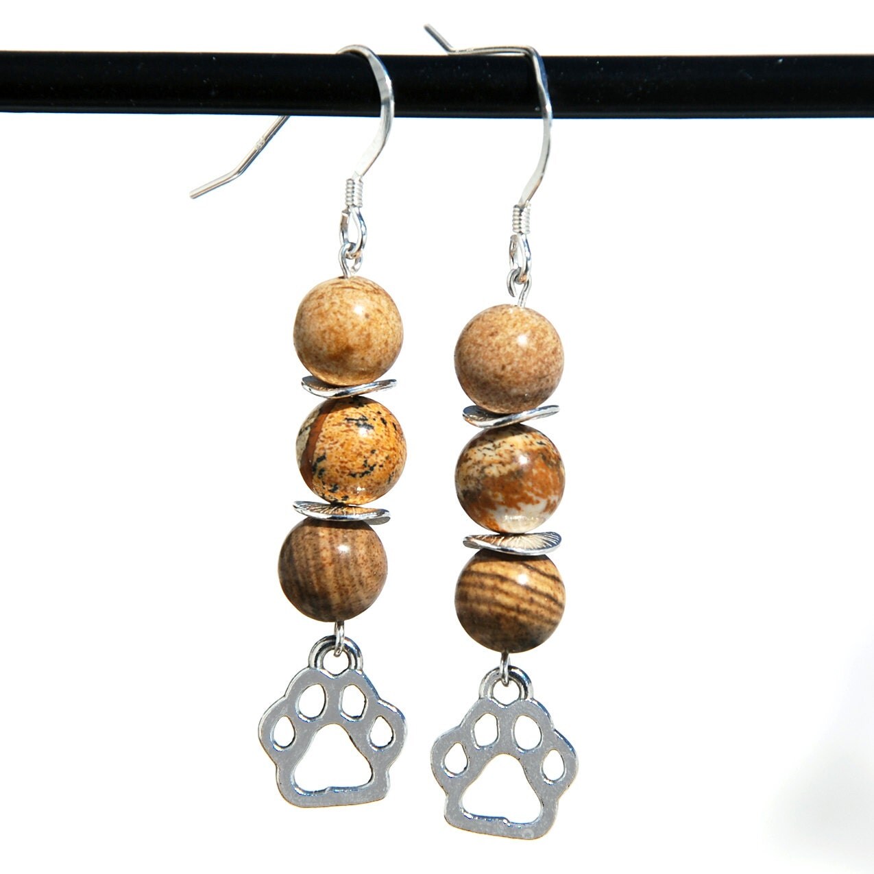 Handmade Picture Jasper earrings sterling paw by KarmaKittyJewelry