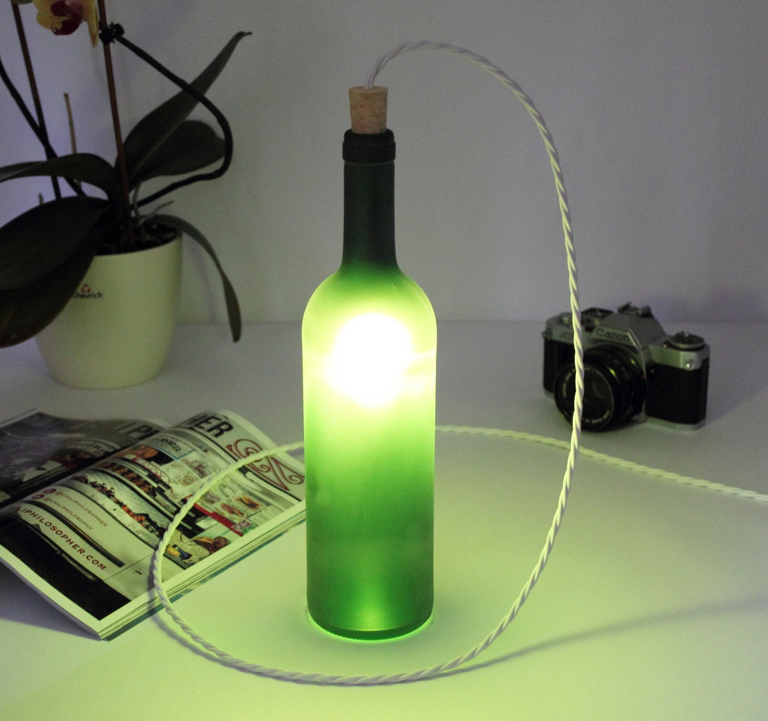 Green Wine bottle lamp. table light. Glass floor lighting