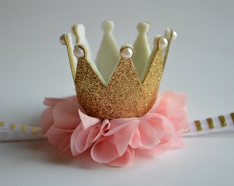 Gold Baby Crown Headband - Pink, Gold Crown Headband - Birthday Crown Headband - Gold Toddler Crown - Photo Prop Crown Headband -
