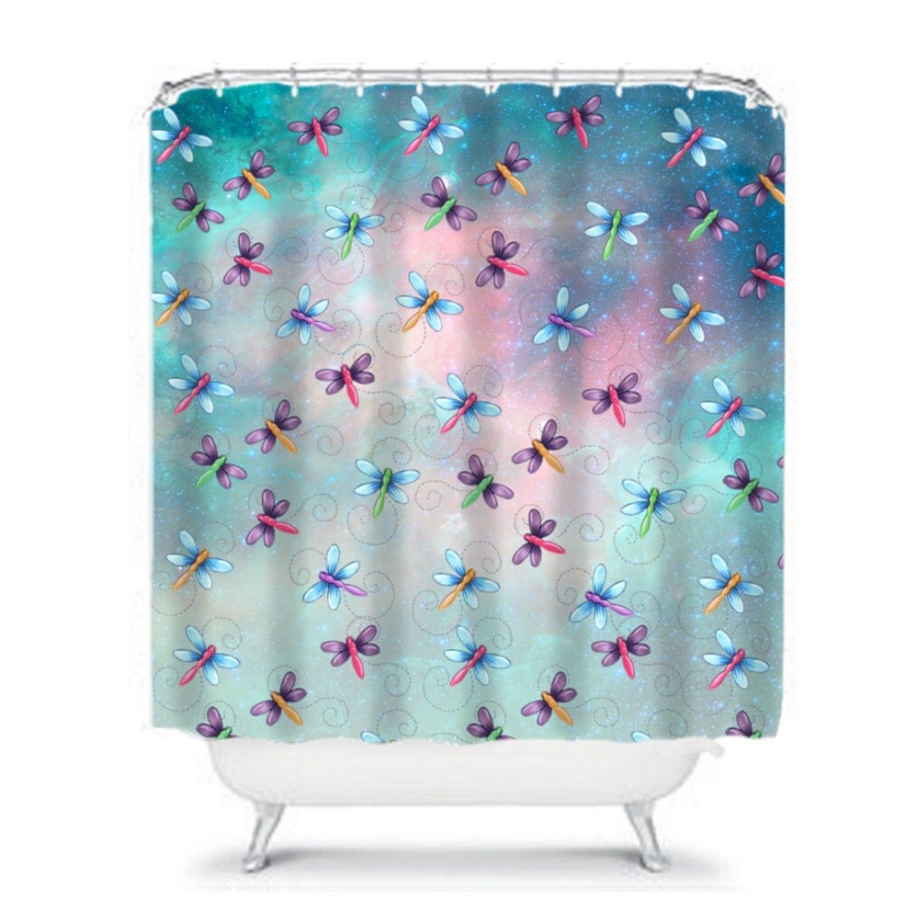 Shower Curtain Dragonfly Dragonflies Teal Sky Space