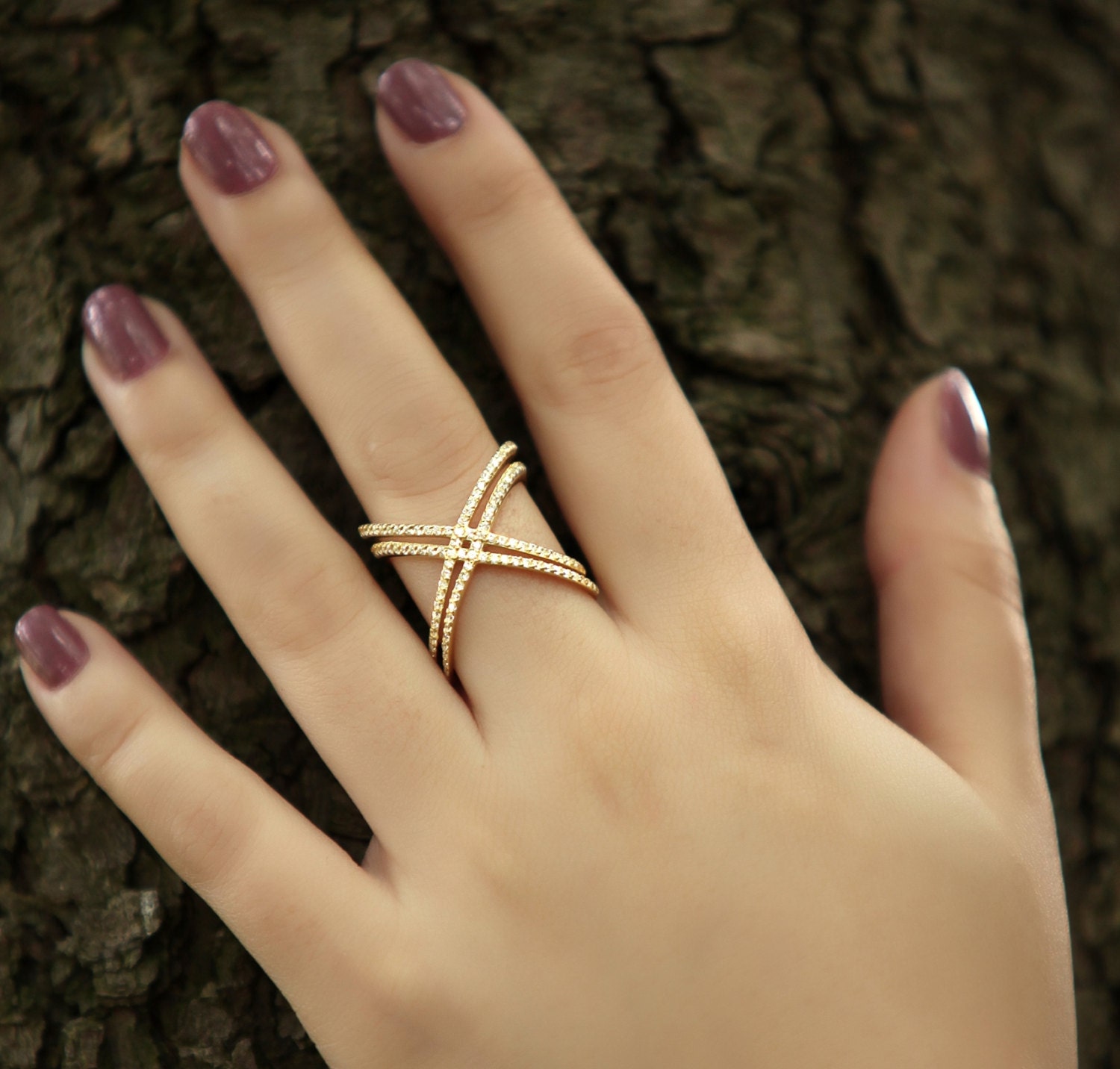 Gold X Ring with Cz Stones / Engagement Ring / by HappyWayJewelry