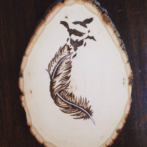Items similar to Feather and birds WOODBURNING and PAINTED on WOOD made to order on Etsy