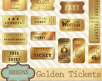 Golden Tickets Clipart - Vintage Show, Circus, Cinema, Theatre, Movie and Entertainment Clip Art, Willy Wonka Gold Ticket