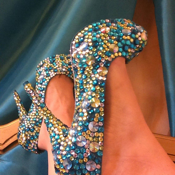 Custom made teal and blue rhinestone heels. Crystal diamond
