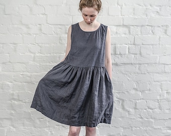 Linen dress. Charcoal / warm black or deepest black linen loose fitting dress