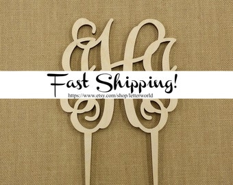 Wooden Monogram Cake Topper - Unfinished Vine Script Monogram Cake Topper - Wedding Cake Decor - Initial Cake Topper