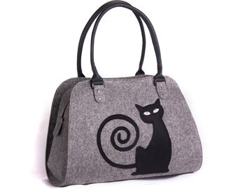 Cat handbag Felt cat purse Cat bag Felted bag Felted purse Grey handbag Felt shoulder purse