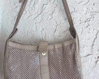 Vintage Mesh Shoulder Bag, Whiting and Davis International, Mesh Handbag, Leather and Mesh Handbag, Mesh Shoulder Bag, Tan Mesh Handbag